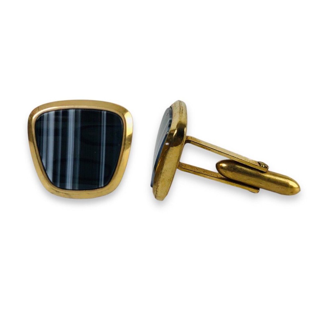 Vtg 80s Mens Fashion Cufflinks 14K G.F. Gold Stripped Black Gray Quiet Luxury